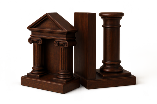 Dark wooden classical architectural bookends, isolated on transparent background