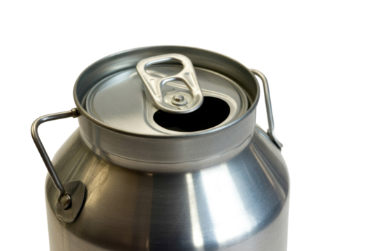 Brushed metal container, resembling a mini milk can, with an open beverage-style pop-top lid against a solid transparent background. background removed - Powered by Adobe
