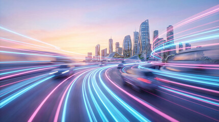 Fototapeta premium Futuristic city skyline with dynamic neon light trails on a curved highway representing high speed transportation and technology.