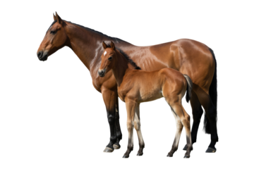 A beautiful bay mare stands protectively beside her adorable foal, both displaying rich brown coats and elegant postures. background removed