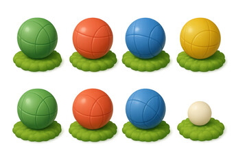 Colorful bocce ball icons set on grass background for game design or sports illustrations