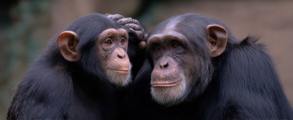 Fototapeta premium Chimpanzee plays spa day artist grooming another in nature’s social salon.