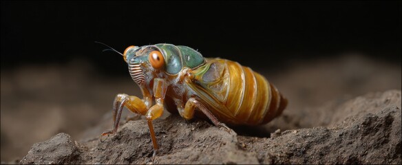 Fototapeta premium Cicada shedding its exoskeleton as it emerges in molting process.