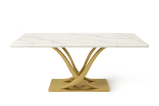Modern marble dining table with gold base, isolated on transparent background.