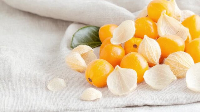 Golden Physalis Arrangement: A visually appealing display of golden physalis fruits with delicate husks, arranged artfully on a light-colored.