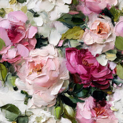 Vibrant Rose Pink and Fuchsia Oil Painting of Lush Flowers with Evocative Leaf Green Accents, Perfect for Adobe Photoshop Backgrounds and Artistic Compositions, Capturing a Rich, Textured Floral Beaut