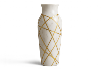 Luxurious white vase with gold geometric pattern, isolated on transparent background.