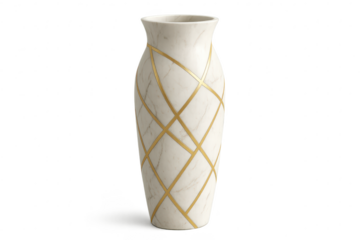 Elegant marble vase with gold geometric pattern isolated on transparent background