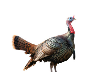 Fototapeta premium A magnificent wild turkey stands proudly, showcasing its vibrant iridescent plumage and distinctive red and blue head on a clean, transparent background. background removed