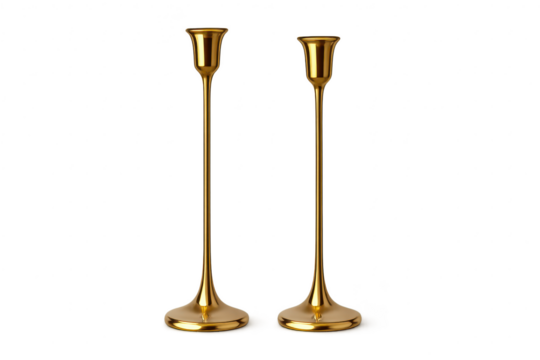 Two elegant golden candlesticks isolated on transparent background for home decor