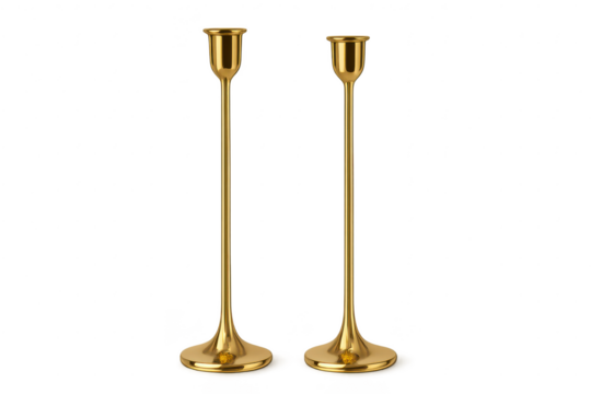 Luxurious pair of tall golden candlesticks isolated on transparent background.