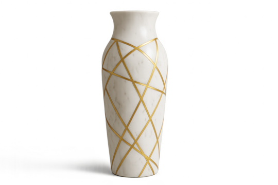 Luxurious white vase with gold geometric pattern, isolated on transparent background. - Powered by Adobe