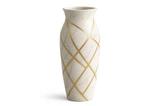Elegant marble vase with gold geometric pattern isolated on transparent background