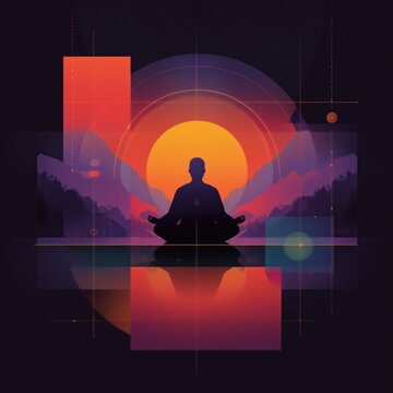 Silhouette of a meditating person with vibrant sunset and geometric shapes in a tranquil landscape