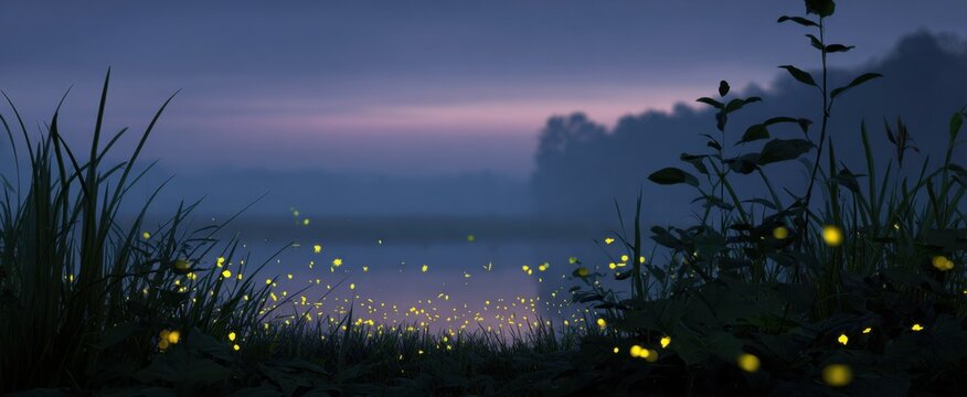 Fireflies gently lighting up the twilight vibe with their cozy little glows