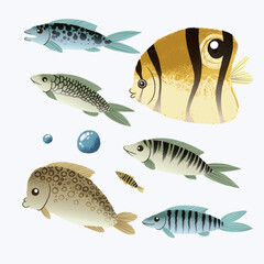 Colorful sea fish pattern with tropical underwater animals in vibrant vector