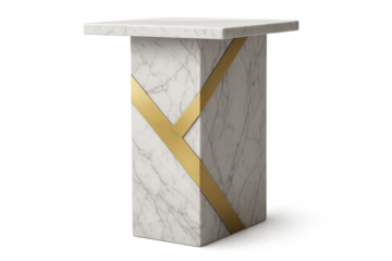 Modern white marble pedestal with brass accents, isolated on transparent background