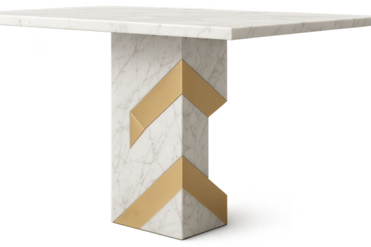 Elegant white marble console table with gold chevron pattern, cut-out.