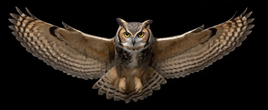 Great horned owl soaring with wings wide open in the air.