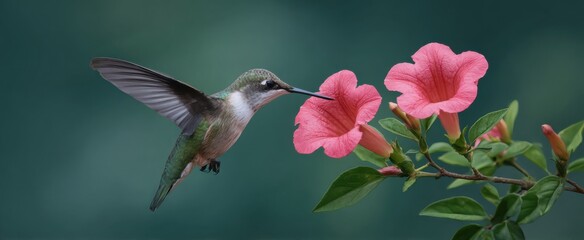 Fototapeta premium Hummingbird sips nectar from a vibrant pink trumpet flower like a tiny liquid dancer