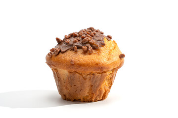 Single muffin with chocolate frosting and sprinkles isolated on a white background, with a soft shadow. Clean studio food shot for menus or advertising.