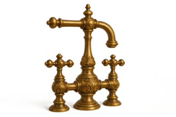 Ornate vintage brass faucet, elegant design, isolated on clear background.