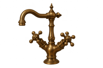 Vintage brass faucet with two ornate cross-handles, isolated on a transparent background.