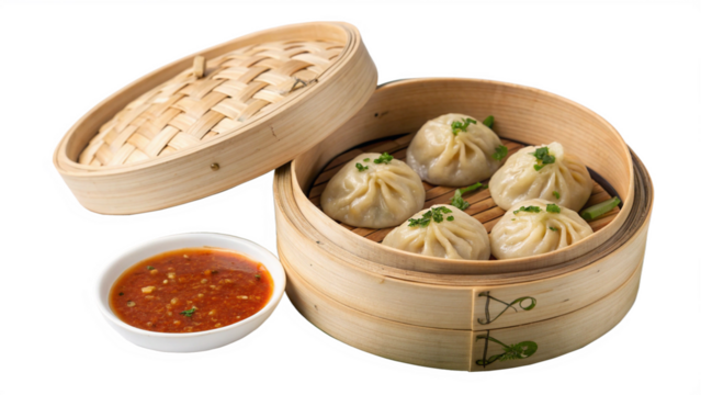 Steaming hot momos in bamboo steamer with spicy dipping sauce, a delicious Asian cuisine experience perfect for food blogs and restaurant promotions