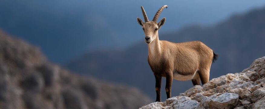 Ibex proudly perched on a rugged ledge overlooking steep crags and cliffs.