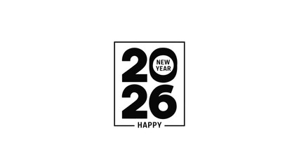 Bold black and white graphic design celebrating the upcoming year 2026 with the words happy new year