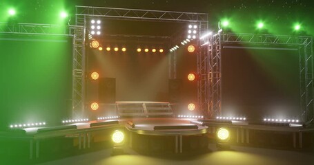 A brightly lit stage setup features numerous lights and sound equipment, designed for performances at concerts or events. The vibrant green and yellow hues create an energetic atmosphere. - Powered by Adobe
