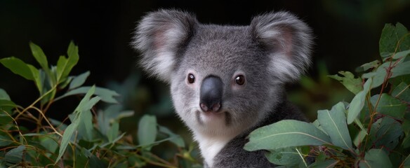 Fototapeta premium Koala gripping eucalyptus branches within its natural habitat environment.