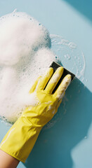 Hand in Yellow Glove Cleaning with Sponge and Foam