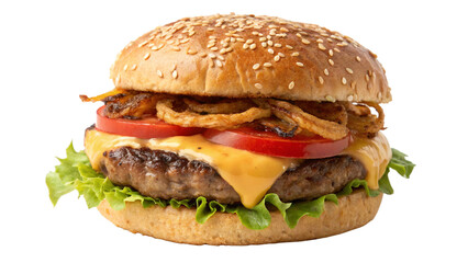 Juicy cheeseburger with crispy onions, fresh tomato, and sesame bun - a tempting fast food indulgence perfect for restaurant menus and food blogs!