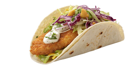 Delicious fish taco with fresh cabbage and cilantro, topped with creamy sauce, enjoy a flavorful bite of authentic cuisine, perfect for food lovers