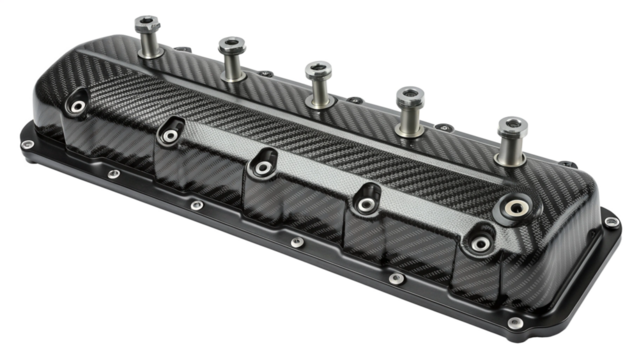 Sleek carbon fiber valve cover enhances engine aesthetics and performance, perfect for automotive enthusiasts seeking style and racing performance upgrades