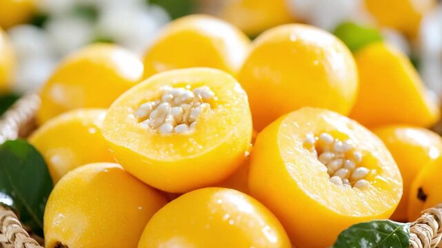 Sweet Mangaba Delights: A close-up shot presents a vibrant display of fresh mangaba fruits, with their bright yellow skin and succulent flesh, a tropical treat.