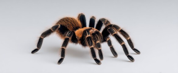 Fototapeta premium Medium shot of a large hairy tarantula dancing on a pale spider stage