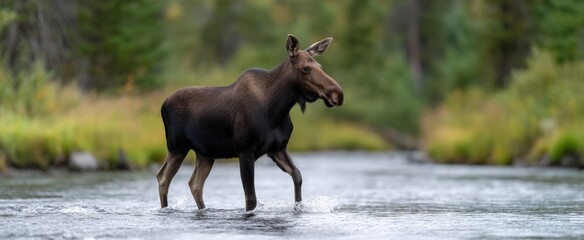 Fototapeta premium A moose tiptoes through a river dance where water swirls like silk around legs.