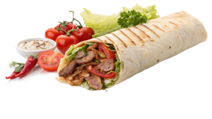 Delicious gyro wrap filled with fresh vegetables and meat, served with a creamy sauce and vibrant tomatoes for a satisfying meal experience now