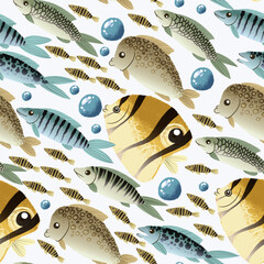 Colorful sea fish pattern with tropical underwater animals in vibrant vector seamless design