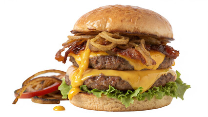 Indulge in this double cheeseburger piled high with crispy onion rings and bacon, oozing with melted cheese, a tempting delight for food lovers craving comfort