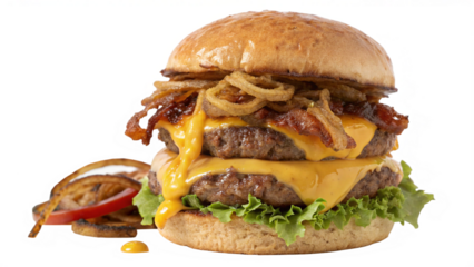 Indulge in this double cheeseburger piled high with crispy onion rings and bacon, oozing with melted cheese, a tempting delight for food lovers craving comfort