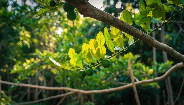 Sunlight Illuminating Green Leaves and Young Jeruk Purut Lime