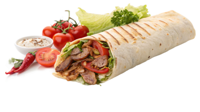 Delicious gyro wrap filled with fresh vegetables and meat, served with a creamy sauce and vibrant tomatoes for a satisfying meal experience now