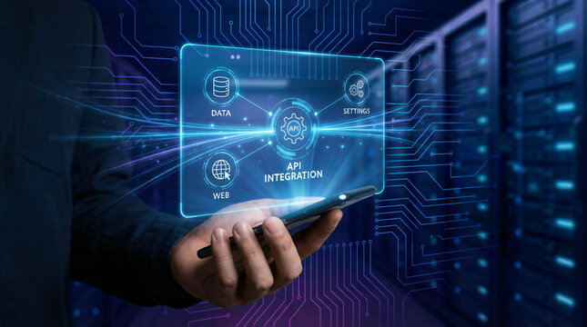 Hand holding a modern smartphone displaying a glowing digital API interface representing software integration and programming connectivity.