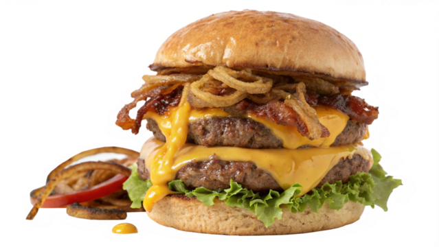 Indulge in this double cheeseburger piled high with crispy onion rings and bacon, oozing with melted cheese, a tempting delight for food lovers craving comfort