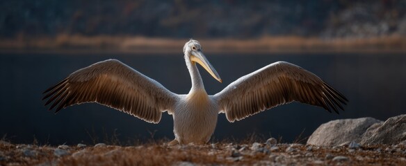 Pelican flaunting its wings like a sun-catching kite drying in the bright sky