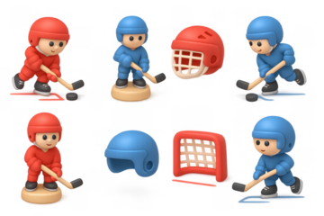 Colorful cartoon hockey icons set featuring players, helmets, and goal for sports design