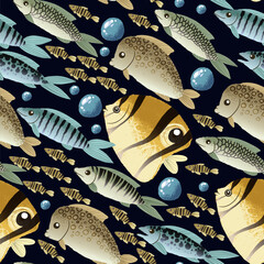 Colorful sea fish pattern with tropical underwater animals in vibrant vector seamless design
